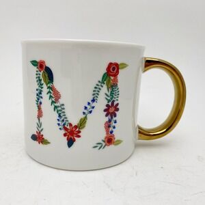 Opalhouse White Floral‎ Letter M Initial Monogram Porcelain Mug Coffee Tea